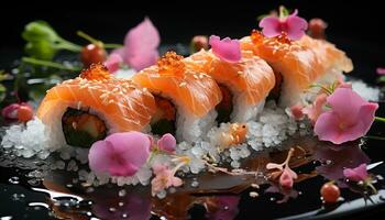 frescura y culturas en un plato mariscos, Sushi, algas marinas, arroz, aguacate generado por ai foto