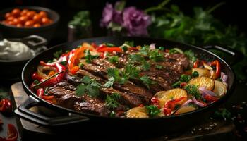 Grilled beef steak with fresh tomato and vegetable salad generated by AI photo