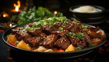 Grilled meat on plate, cooked with barbecue sauce and vegetables generated by AI photo