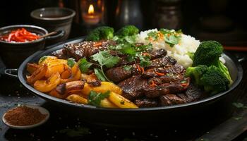 Grilled meat, fresh vegetables, and savory sauce on rustic plate generated by AI photo