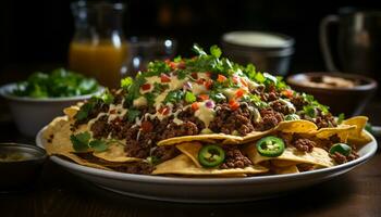 Freshness on a plate gourmet taco, meat, guacamole, and vegetables generated by AI photo