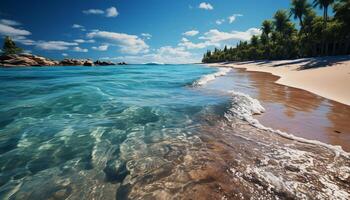 A tranquil scene of a summer coastline, waves crashing gently generated by AI photo