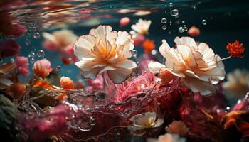 Underwater reef, close up of multi colored fish in vibrant coral generated by AI photo