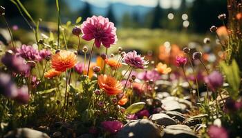 A vibrant bouquet of colorful flowers brightens the meadow in summer generated by AI photo