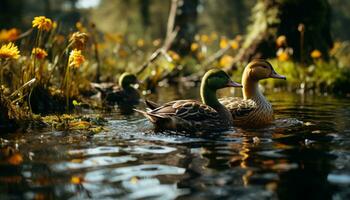 un hermosa pato real Pato graznando por el tranquilo estanque en otoño generado por ai foto