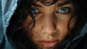 One young woman looking at camera, wet hair, sad eyes generated by AI photo