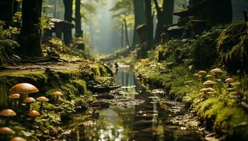 The autumn tree green leaves create a tranquil forest scene generated by AI photo