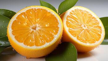 Freshness of citrus fruit, slice of lemon, healthy eating, ripe yellow generated by AI photo