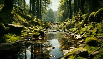 tranquilo escena de un lozano verde bosque con fluido agua generado por ai foto