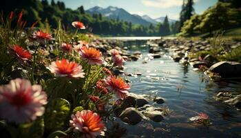 A beautiful meadow with colorful flowers and a tranquil pond generated by AI photo