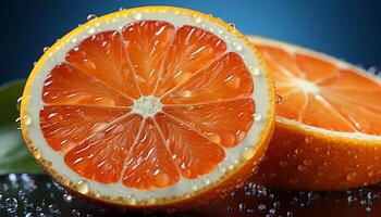 frescura de agrios fruta, naranja rebanada, sano comiendo, maduro, mojado generado por ai foto