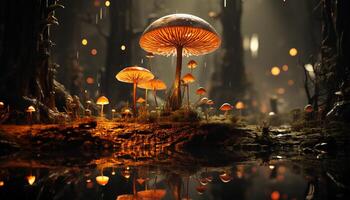 Autumn forest, wet leaf, close up of mushroom, beauty in nature generated by AI photo