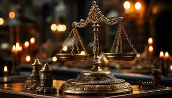 Law and justice balance on antique scale, symbolizing equality generated by AI photo