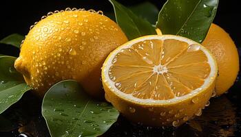 Freshness of citrus fruit, wet leaf, healthy eating, ripe slice generated by AI photo