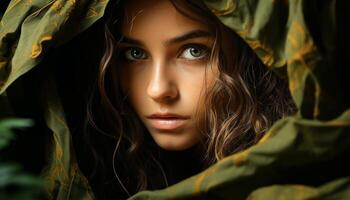 Young adult woman with brown hair looking at camera outdoors generated by AI photo