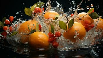 Freshness of citrus fruit, wet with splashing water, nature healthy eating generated by AI photo