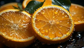 Freshness of citrus fruit, close up slice, ripe nature, organic lemon generated by AI photo