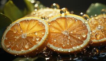 Freshness of citrus fruit, close up of lemon slice, wet drop generated by AI photo
