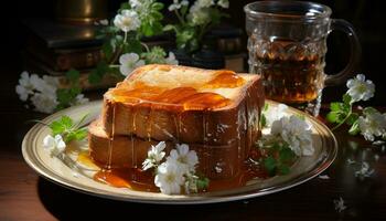 Freshness and sweetness on a rustic wooden table, gourmet dessert generated by AI photo