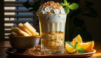 Fresco gastrónomo postre en de madera mesa, cerca arriba de dulce comida generado por ai foto