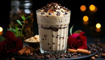 Homemade gourmet dessert dark chocolate milkshake with whipped cream generated by AI photo