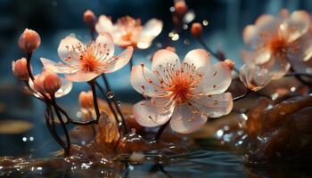 Vibrant flower petals reflect beauty in nature wet pond generated by AI photo