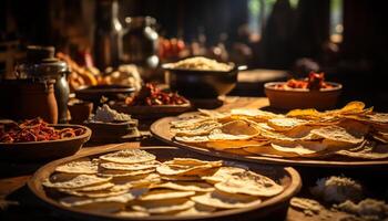 Freshness and abundance on a rustic wooden table, homemade gourmet meal generated by AI photo