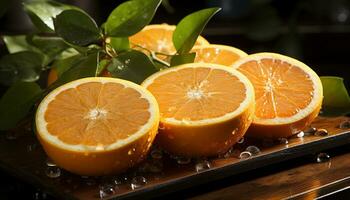 Fresh citrus fruits on a wooden table, healthy and vibrant generated by AI photo