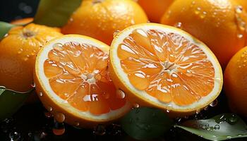 Freshness of citrus fruit, close up of wet orange slice generated by AI photo