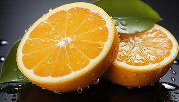Fresh citrus fruit slice, wet with drop, healthy eating, nature refreshment generated by AI photo