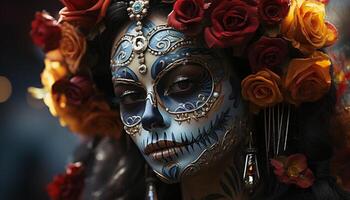 celebracion de tradicion hombres y mujer en vistoso mascaras generado por ai foto