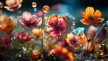 A vibrant bouquet of colorful flowers decorates the tranquil meadow generated by AI photo