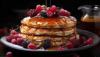 A stack of homemade pancakes with fresh berries and syrup generated by AI photo