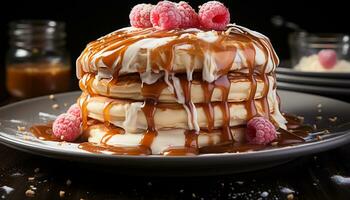 A stack of homemade pancakes with raspberry syrup and chocolate generated by AI photo