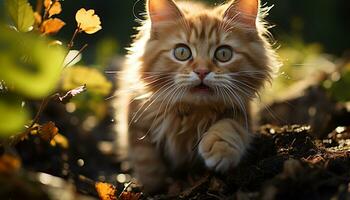 Cute kitten sitting in grass, staring at camera with curiosity generated by AI photo