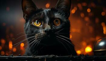 Cute kitten staring, playful and spooky, in dark night background generated by AI photo