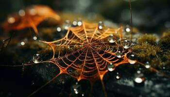 Spider web glistens in dew, capturing nature spooky beauty generated by AI photo