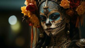 elegante mujer en vistoso disfraces celebrar Víspera de Todos los Santos a un carnaval generado por ai foto