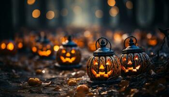 Halloween night, spooky celebration, glowing pumpkin lanterns illuminate autumn generated by AI photo