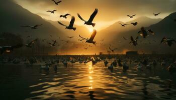 Silhouette of seagulls flying over tranquil sunset water generated by AI photo