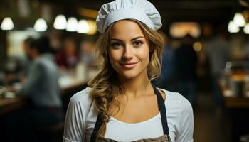 Young adult woman, confident and cheerful, standing in a kitchen generated by AI photo