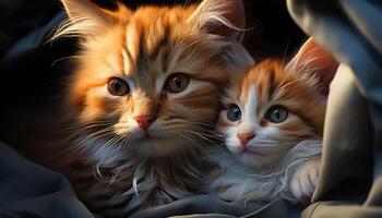 Cute kitten sitting, staring, looking at camera, fluffy and playful generated by AI photo