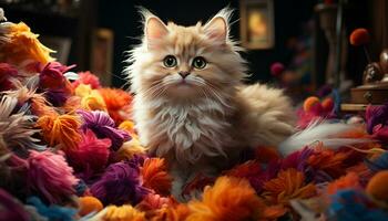 A cute kitten sitting, looking at a flower, playful and fluffy generated by AI photo