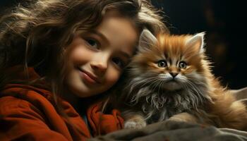 un linda niño sonriente, mirando a cámara, abrazando un juguetón gatito generado por ai foto
