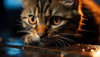 Cute kitten staring, playful and curious, fluffy fur, selective focus generated by AI photo