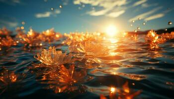 Nature beauty in summer sunset, water, and vibrant flowers generated by AI photo