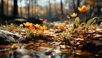 The vibrant autumn meadow blossoms with yellow and orange flowers generated by AI photo