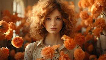 Young woman with blond hair smiling, surrounded by autumn leaves generated by AI photo