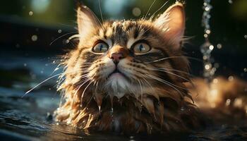 linda gatito sentado al aire libre, mojado pelo, curioso a cámara generado por ai foto