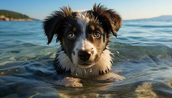 Cute puppy sitting by the water, enjoying the summer sun generated by AI photo